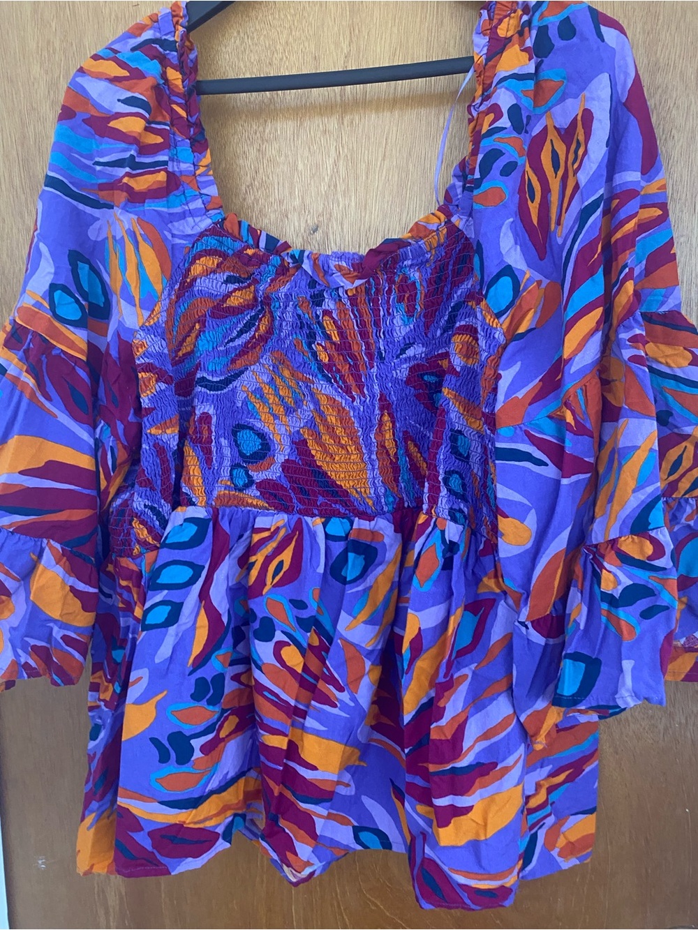 Terra & Sky Purple Multi-Print Smocked Peasant Blouse